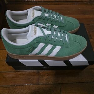 adidas Green Suede Sneakers with White Stripes and Gum Sole